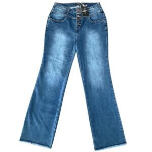 Flamingals Women’s Jeans Flare Raw Hem High-Rise Button-Fly Blue Size Large NWT